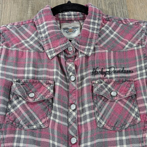 Harley Davidson Top Womens Medium Pink Plaid Snap Button Long Sleeve Bikercore - Picture 1 of 9